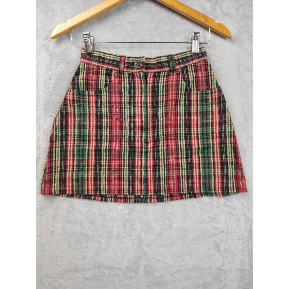 Vintage 90's Y2K Red Green Tan Plaid Alt Emo Grunge Zip Up Mini Skirt